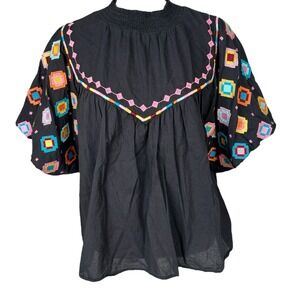 THML Boho Embroidered Peasant Top Black Cotton M Puff Sleeve Festival‎ Blouse